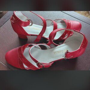 Genuine Leather Red Low Heels Dress Shoes Ankle  Strap Round Toe  Pumps Unique